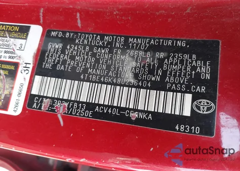 2008 Toyota Camry Le z USA, uszkodzony, nr VIN 4T1BE46K48U236404